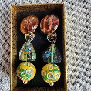 Vintage 80s Clip On Brown Yellow Green Artistic Earrings